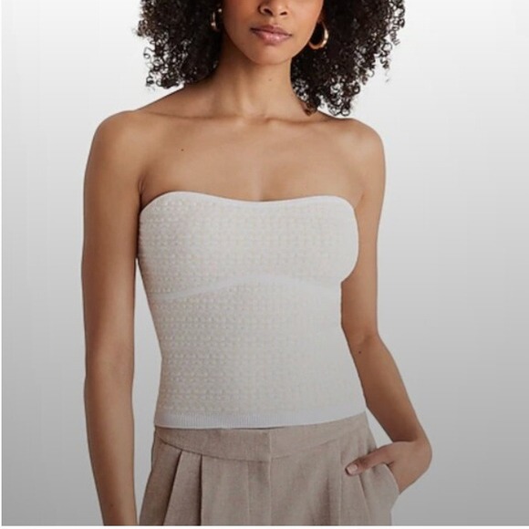 Express Textured Pattern Strapless Sweater Tube Top in White Print - Picture 1 of 10